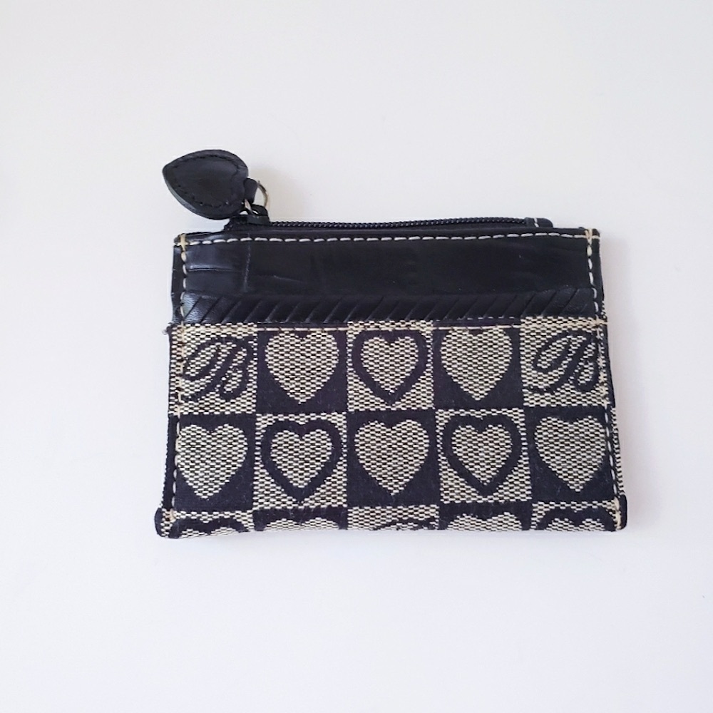 Vintage Brighton Black Leather and Canvas Heart Print Coin Purse
